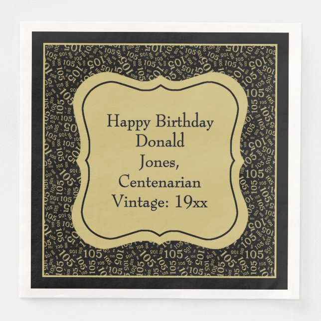 105th Birthday Black/Gold Bracket Number Pattern  Napkin (Front)