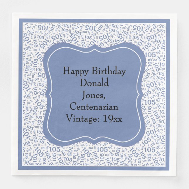 105th Birthday Blue/White Bracket Number Pattern  Napkin (Front)