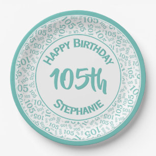 105th Birthday Cool  Number Pattern Teal/White Paper Plate