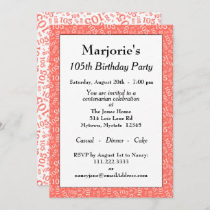 105th Birthday Coral/White Random Number Pattern Invitation