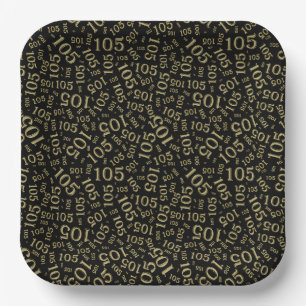 105th Birthday Party Black/Gold Random Pattern Paper Plate