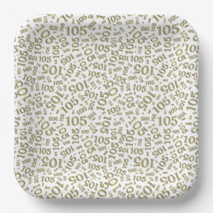 105th Birthday Party Gold/White Random Pattern Paper Plate