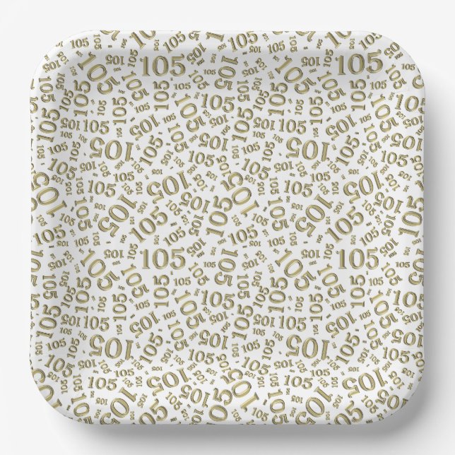 105th Birthday Party Gold/White Random Pattern Paper Plate (Front)