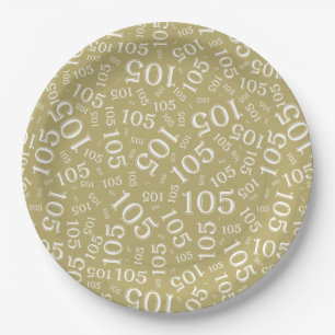 105th Birthday Party Gold/White Random Pattern Paper Plate