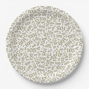 105th Birthday Party Gold/White Random Pattern Paper Plate