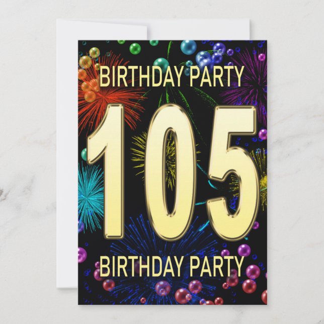 105th Birthday Party Invitation Fireworks Bubbles (Front)