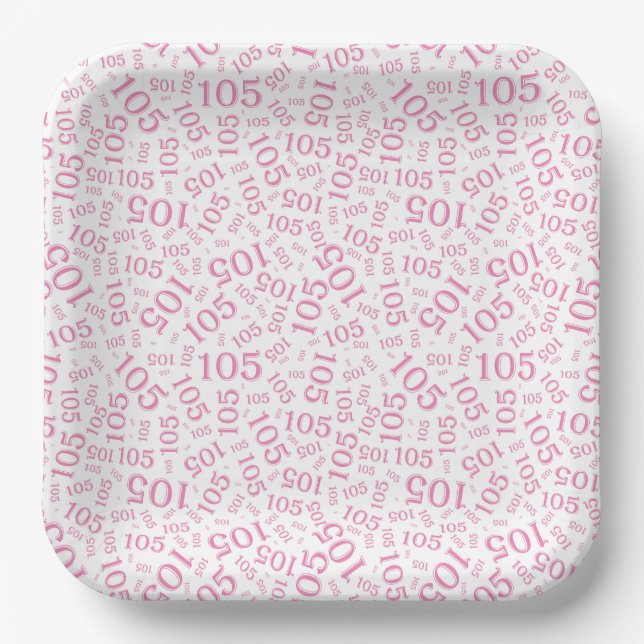105th Birthday Party Pink/White Random Pattern Paper Plate (Front)