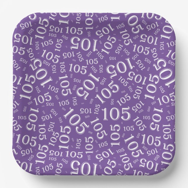 105th Birthday Party Purple/White Random Pattern Paper Plate (Front)