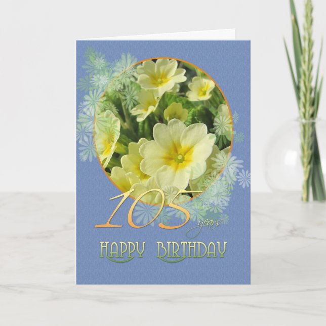 105th Birthday Primroses and blue Card (Front)