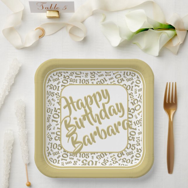 105th Birthday Random Number Pattern Gold/White Paper Plate (Wedding)