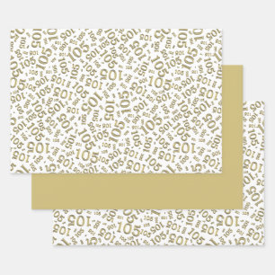 105th Birthday Random Number Pattern Gold/White Wrapping Paper Sheet