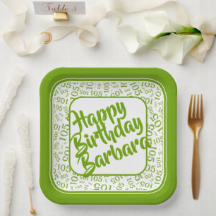 105th Birthday Random Number Pattern Green/White Paper Plate