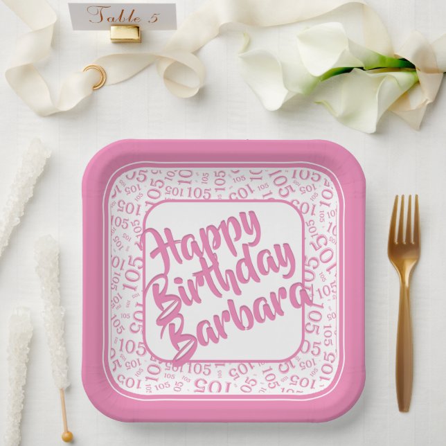 105th Birthday Random Number Pattern Pink/White Paper Plate (Wedding)
