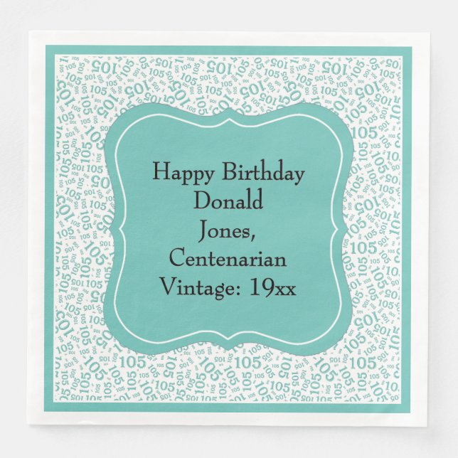 105th Birthday Teal/White Bracket Number Pattern  Napkin (Front)