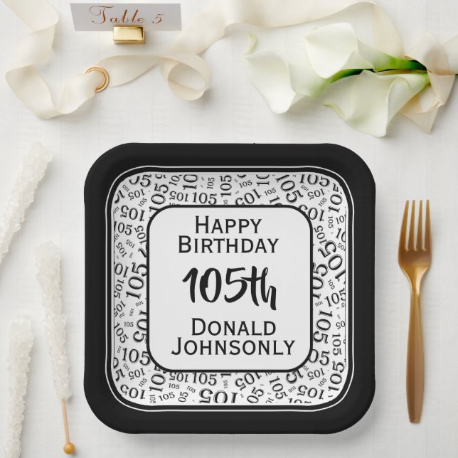 105th Party Random Number Pattern Black/White Paper Plate (Wedding)