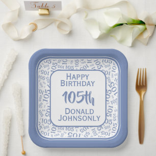 105th Party Random Number Pattern Blue/White Paper Plate