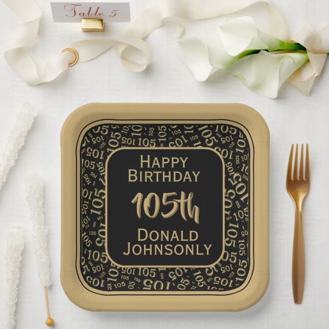 105th Party Random Number Pattern Gold/Black Paper Plate (Wedding)