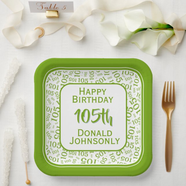 105th Party Random Number Pattern Green/White Paper Plate (Wedding)