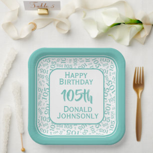 105th Party Random Number Pattern Teal/White Paper Plate