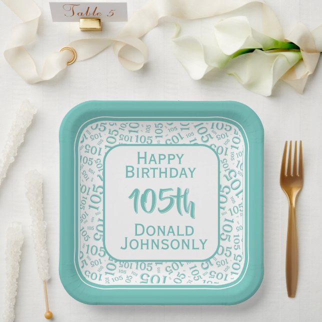 105th Party Random Number Pattern Teal/White Paper Plate (Wedding)