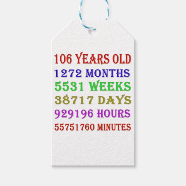 106th  Birthday Milestones Gift Tags (Front)