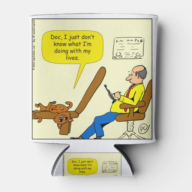 1082 What Am I Doing With My Lives Cartoon Can Cooler (Front)