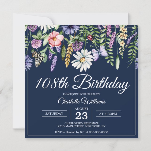 108th Birthday Wildflowers Navy Elegant 108 Years Invitation (Front)