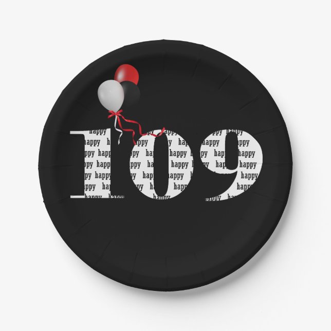 109th birthday party balloons paper plate (Front)