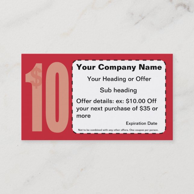 $10.00 Off Coupon Business Card (Front)