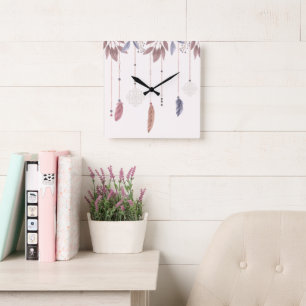 10.75" Boho Feathers Square Acrylic Wall Clock