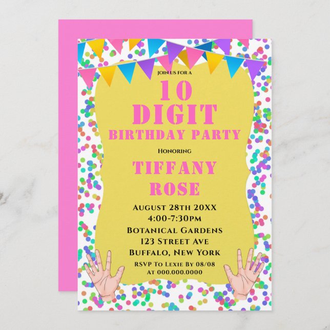 10 Digit Confetti Birthday Party Invitations  (Front/Back)