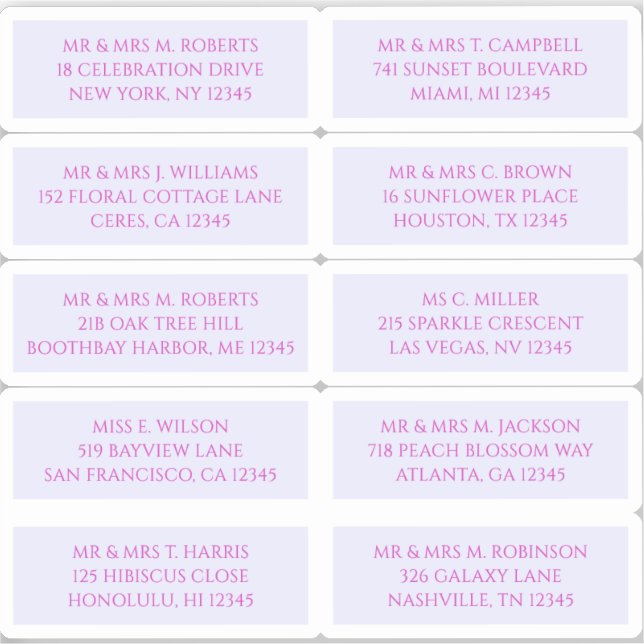 10 Individual Guest Name Address Mystical Lavender (Front)
