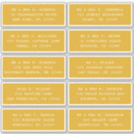 10 Individual Guest Name Address Party Wedding<br><div class="desc">10 Individual Guest Name Address Party Wedding White Script Stickers features 10 stickers with your individual guest name and address on each sticker in white script on a goldenrod gold background. Also perfect for Christmas and Holiday cards, birthday party invitations, wedding invitations, baby showers, bridal showers, thank you cards and...</div>