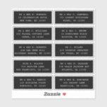 10 Individual Guest Name Address Party Wedding Sti<br><div class="desc">10 Individual Guest Name Address Party Wedding Black Script Stickers features 10 stickers with your individual guest name and address on each sticker in white script on a black background. Also perfect for Christmas and Holiday cards, birthday party invitations, wedding invitations, baby showers, bridal showers, thank you cards and office...</div>