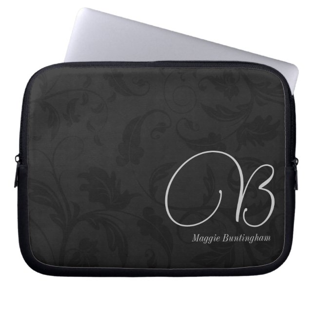 10" Monogrammed Black Damask Laptop Sleeve (Front)