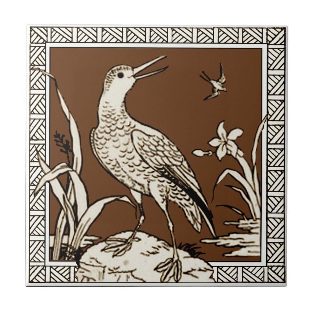 #10 of 12 Repro 1880s Minton Mocha Bird Series Ceramic Tile (Front)