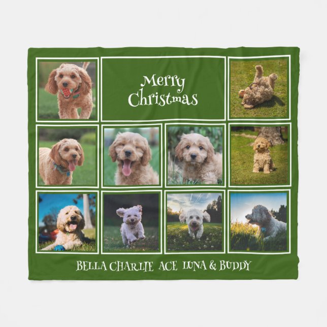 10 Pet Photos Merry Christmas | Green Fleece Blanket (Front (Horizontal))