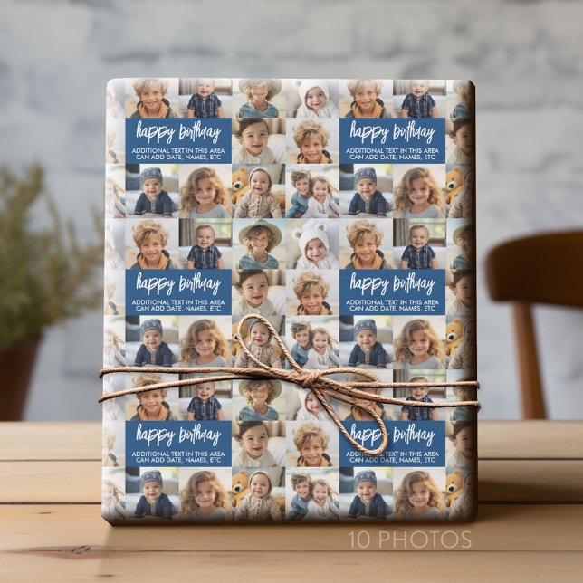 10 Photo Border Birthday Text Centre - Blue Wrapping Paper (Custom Photo Collage Wrapping Paper - All Occasion)