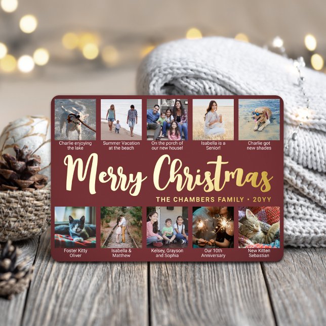 10 Photo Burgundy Merry Christmas Modern Collage Foil Holiday Card (Creator Uploaded)