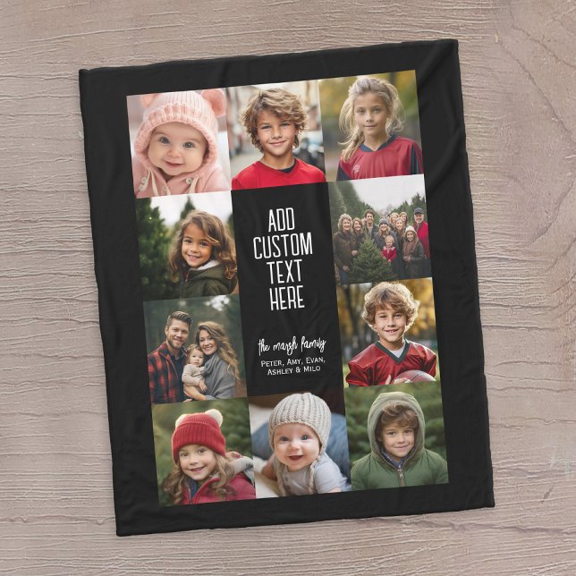 10 Photo Collage Border - Centre White Text Blocks Fleece Blanket (10 photo personalized fleece blanket with a message in the middle)