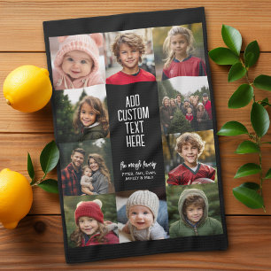 10 Photo Collage Border - Centre White Text Blocks Tea Towel