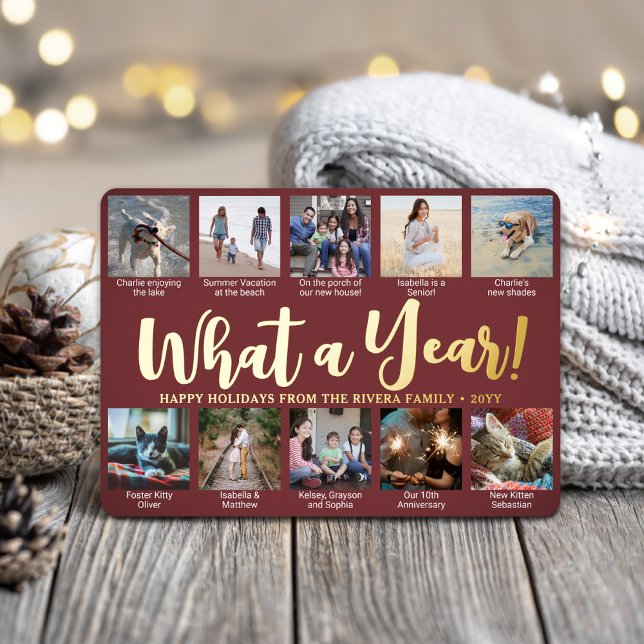 10 Photo Collage Burgundy What a Year! Script Foil Holiday Card (Creator Uploaded)