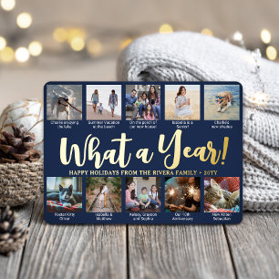 10 Photo Collage & Captions Navy Blue What a Year! Foil Holiday Card
