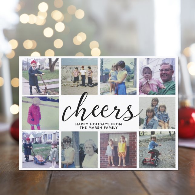 10 Photo Collage Cheers with Black Gray Stripes Holiday Card (10 Photo Holiday Greeting Card)