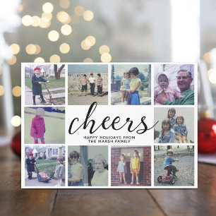 10 Photo Collage Cheers with Black Grey Stripes Holiday Card
