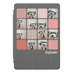 10 Photo Collage Grey Blush Pink Coral Script Name iPad Pro Cover