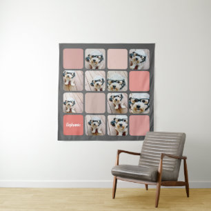 10 Photo Collage Grey Blush Pink Coral Script Name Tapestry