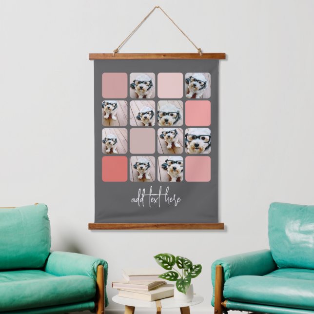 10 Photo Collage Grey Blush Pink Coral Script Text Hanging Tapestry (Living Room)