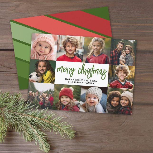 10 Photo Collage - Merry Christmas Retro Stripes Holiday Card (Modern online Christmas Card with 10 Photos and a bounce script for the greeting - download option)