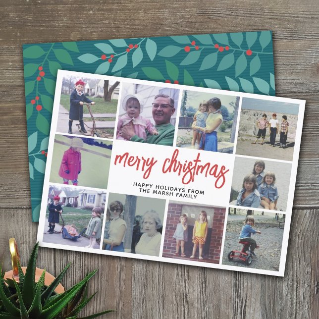 10 Photo Collage - Merry Christmas Teal Botanical Holiday Card (Add 10 Photos to this modern, whimsical Christmas Card)
